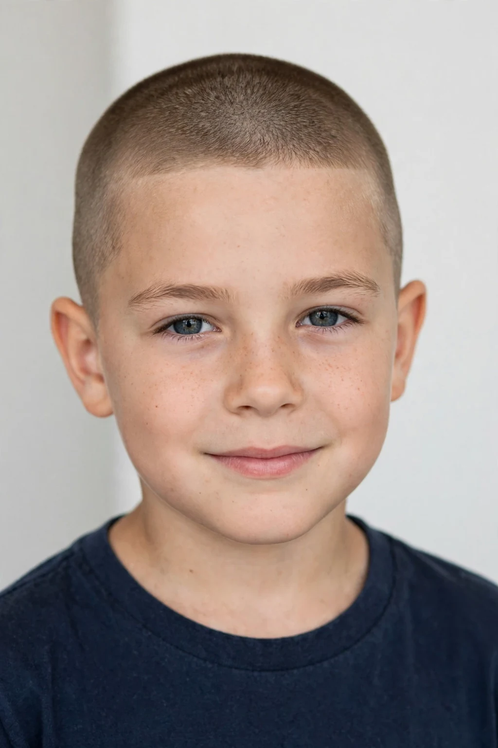 Young boy with buzz cut, very short even cut, bright clean light.