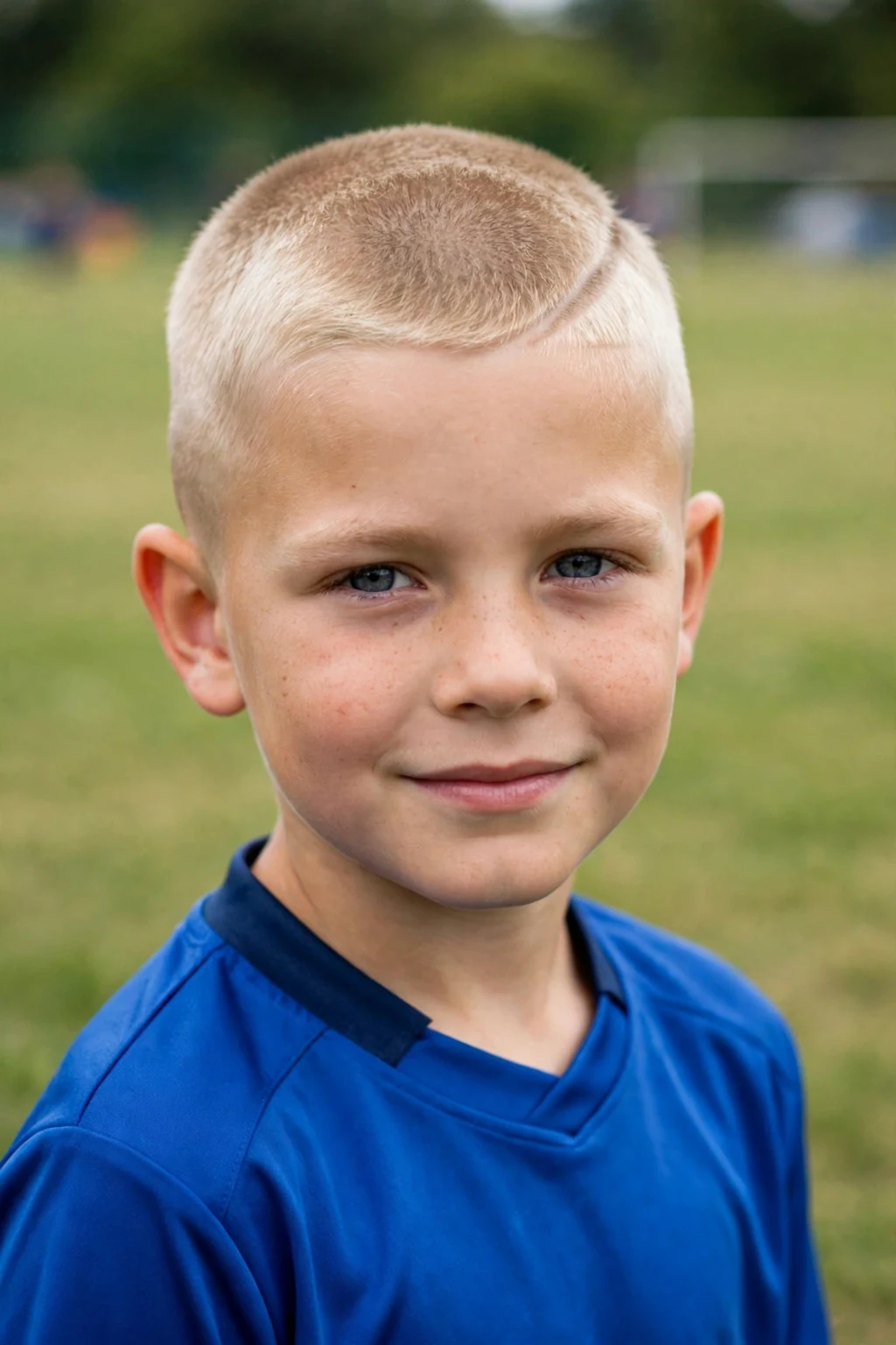 A young boy with a buzz cut and a sharp line-up along the forehead, on a soccer field wearing a royal blue kit.