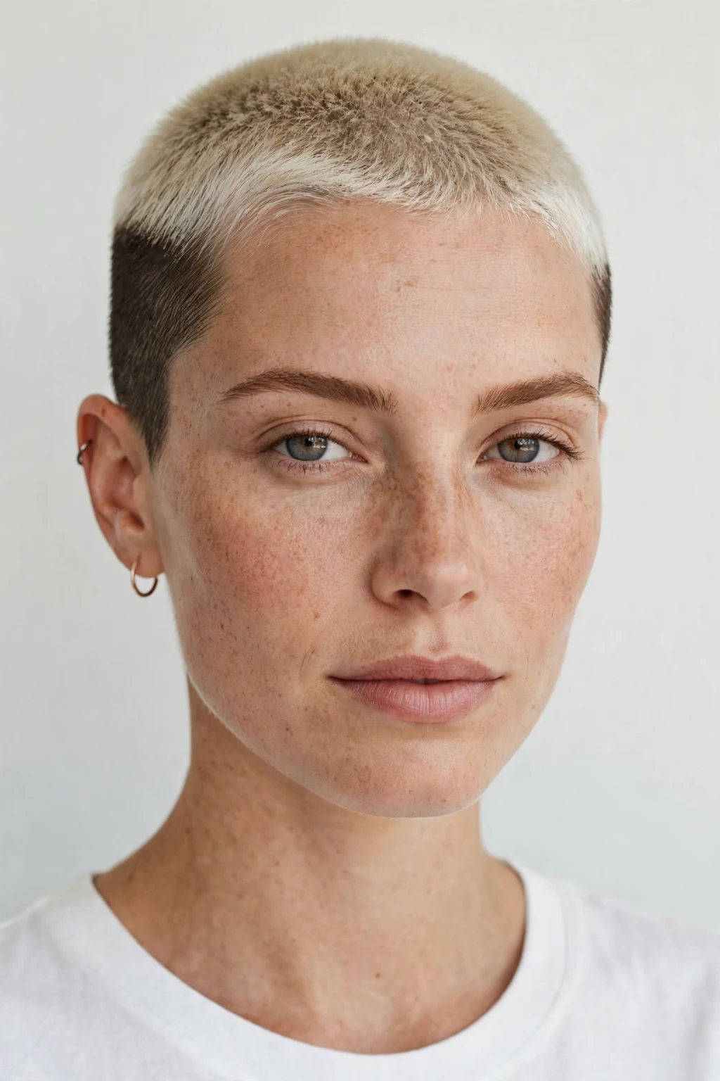 Woman with buzz cut and blonde top, bleached top with darker sides, trendy light.