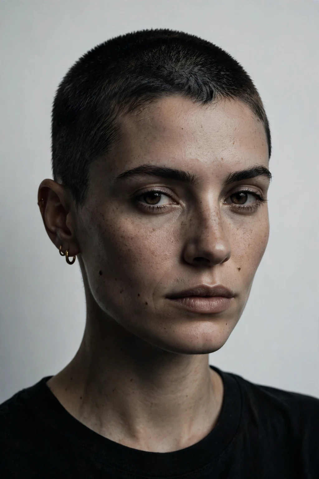 Woman with buzz cut and dark roots, shadow root effect, moody stylish light.