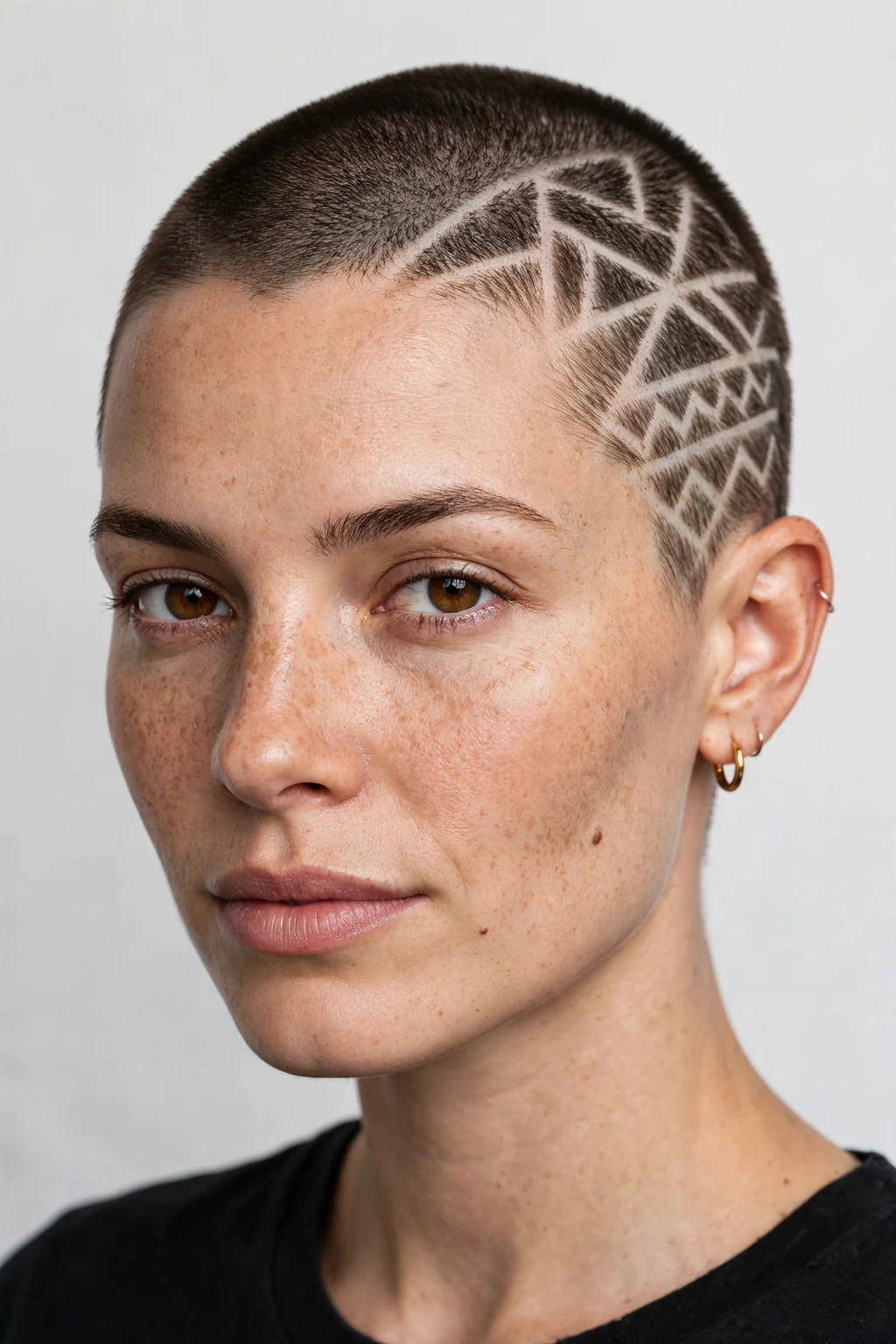 Woman with buzz cut featuring shaved hair design, artistic pattern, creative light.