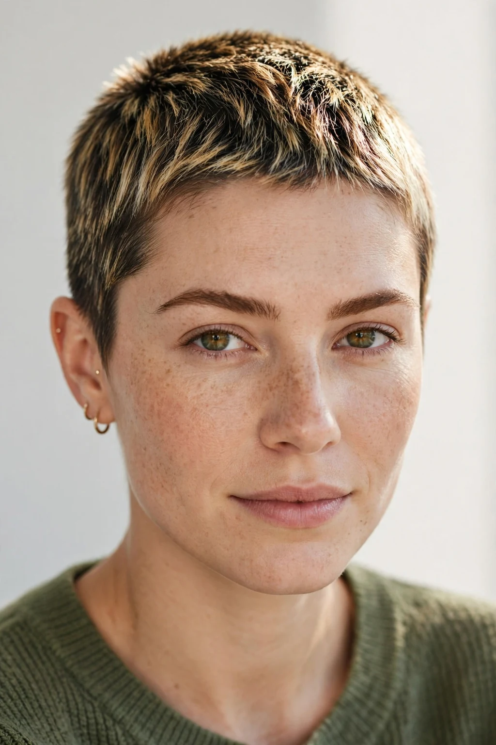 Woman with buzz cut and highlights, dimensional color on short hair, bright light.