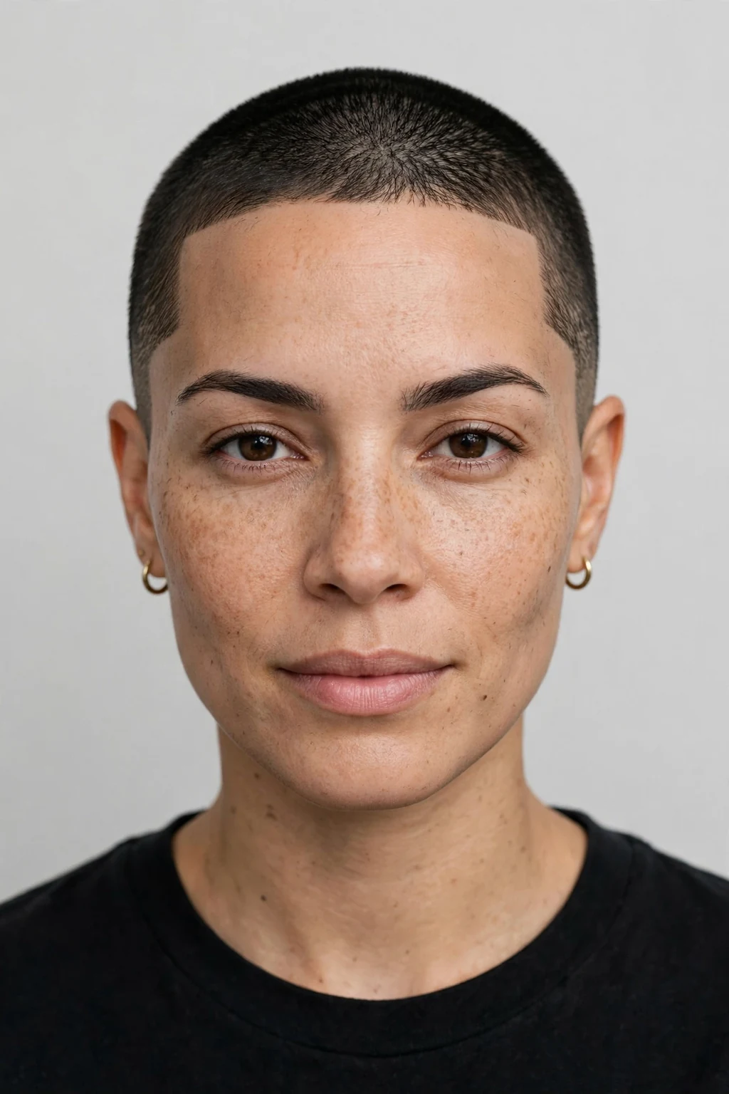Woman with buzz cut and sharp line up, crisp hairline edges, precise light.
