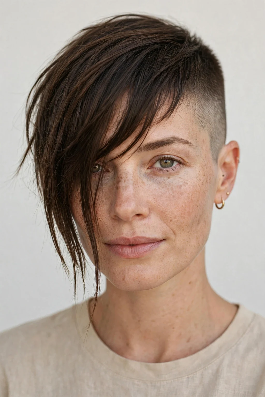 Woman with buzz cut and long fringe, longer front with buzzed sides, chic light.