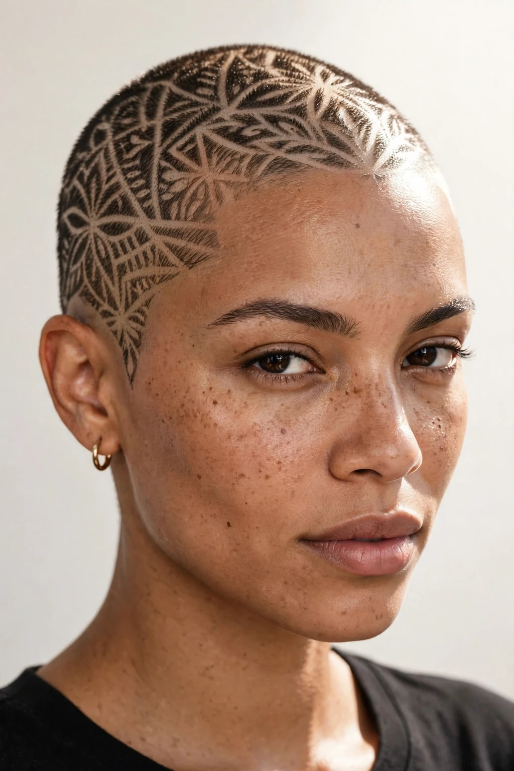 Woman with buzz cut and shaved patterns, intricate scalp art, creative light.
