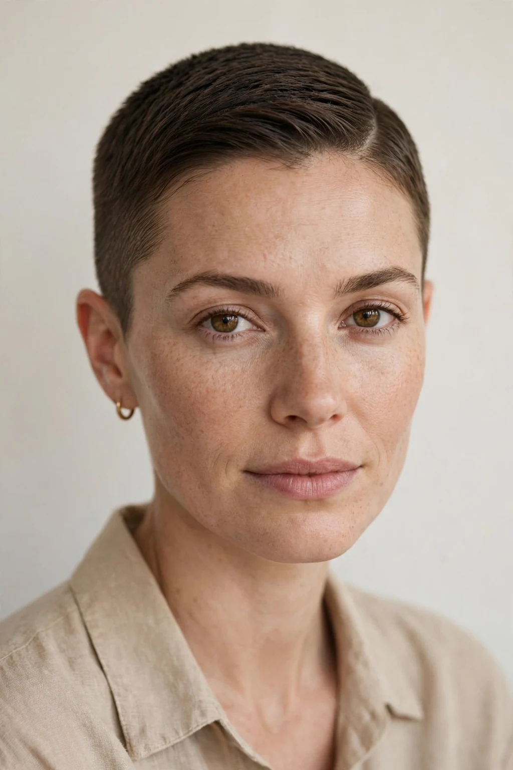 Woman with buzz cut and side part, neat parted short style, polished light.