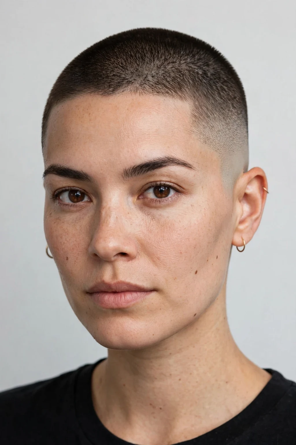 Woman with buzz cut and taper fade, smooth gradient sides, clean sharp light.