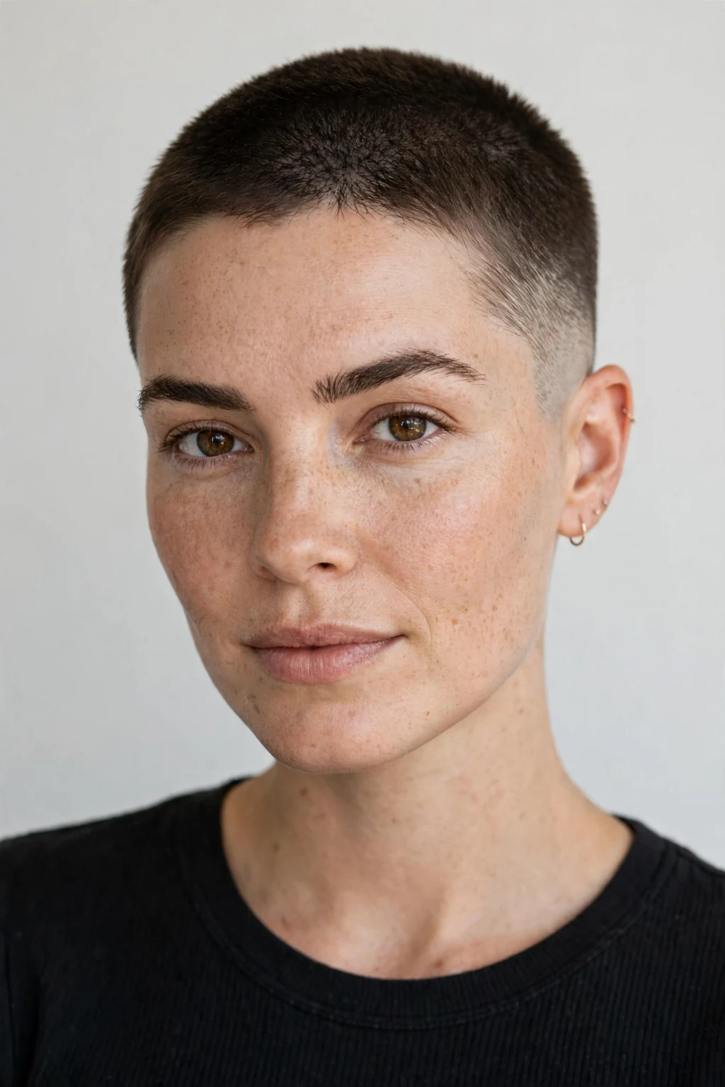 Woman with buzz cut and tapered sides, clean graduated sides, precise light.