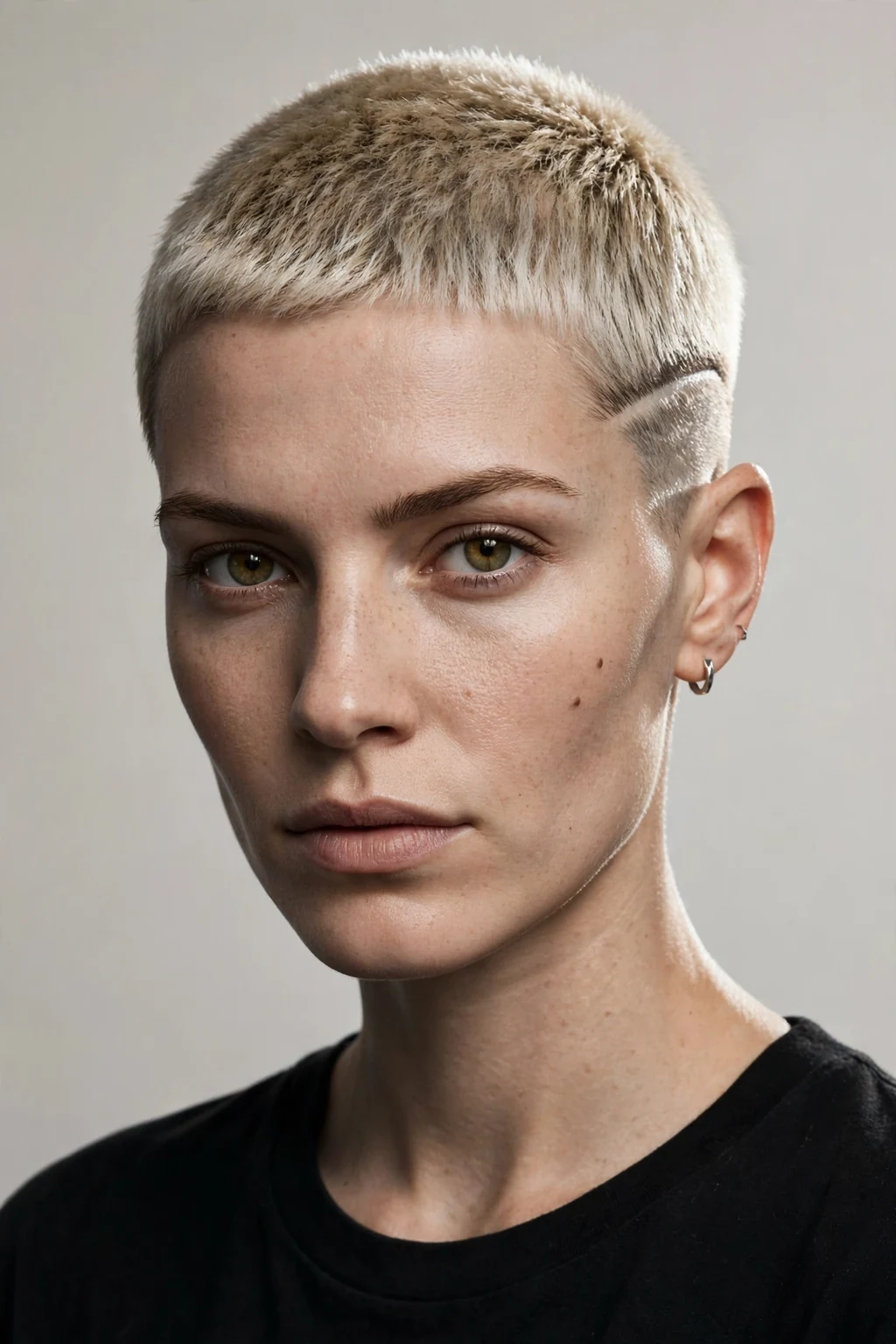 Woman with buzz cut and undercut, hidden shaved detail, edgy modern light.