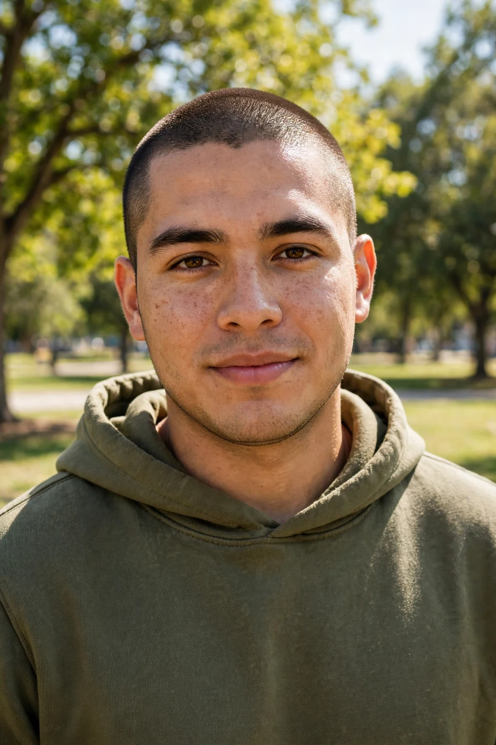 Man in his mid 20s with a buzz cut, wearing a olive hoodie in a park.