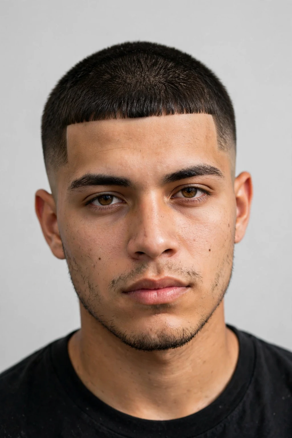 Man with buzz Edgar cut, very short all-over with Edgar fringe line, bright light.