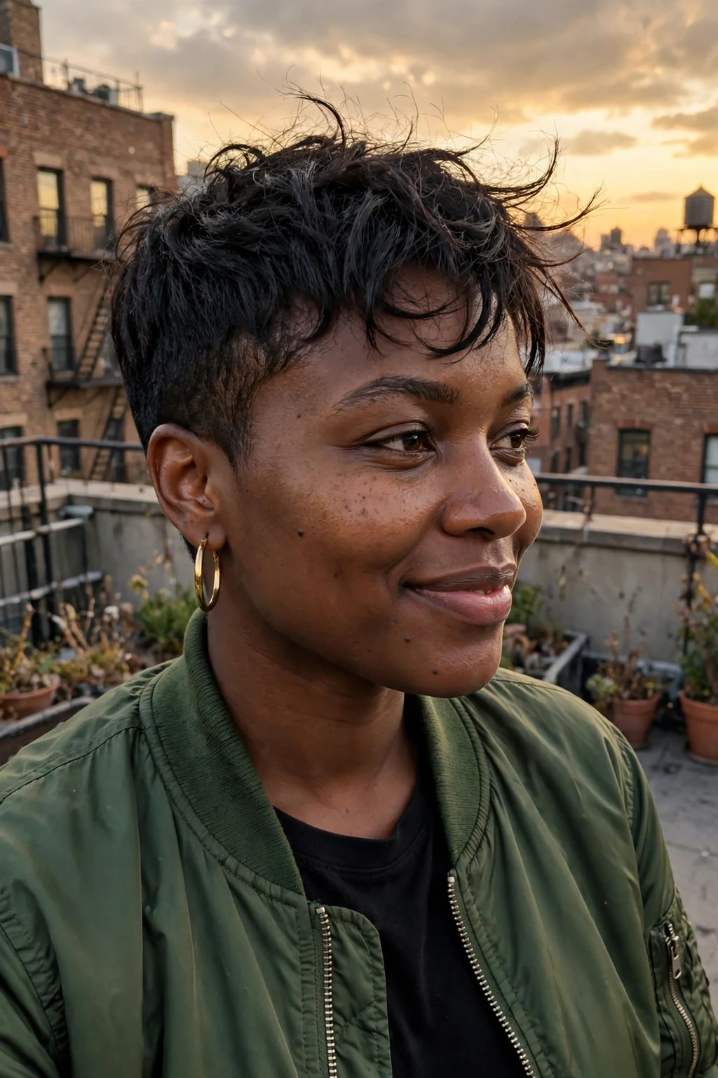 A young woman with a buzzed pixie haircut, closely buzzed sides and a longer textured top swept forward.