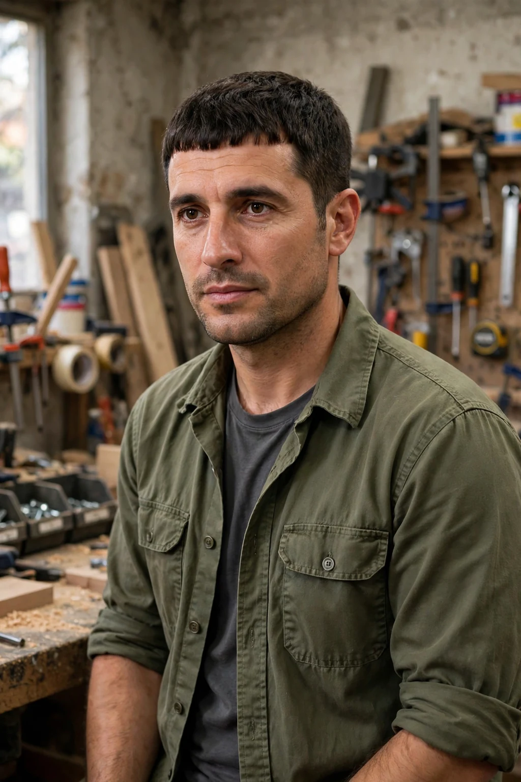Man in his mid 30s with a Caesar cut, wearing a olive-green work shirt in a workshop.