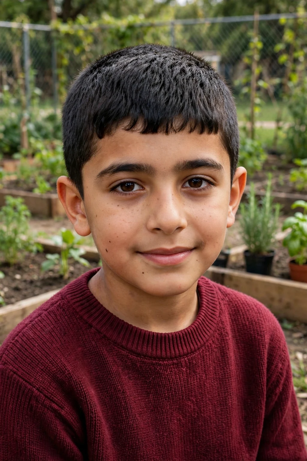 A boy with a Caesar cut, short even hair all over with a short fringe brushed forward, in a school garden wearing a maroon sweater.