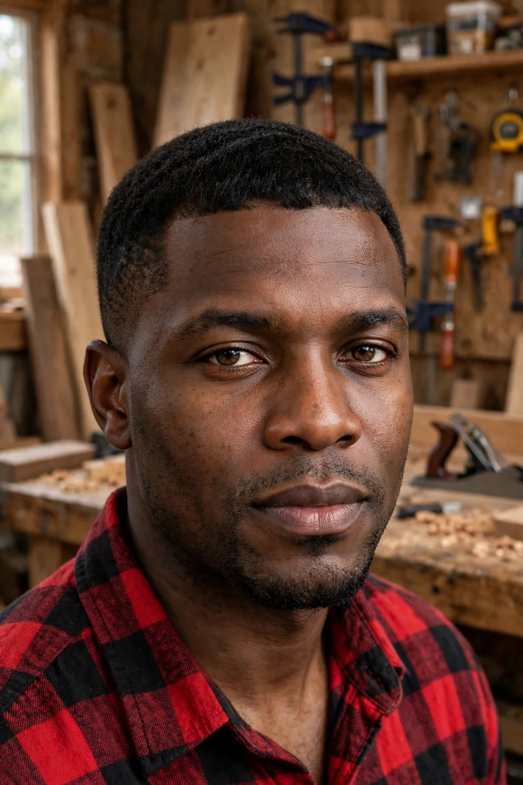 A man with a Caesar cut wearing a red flannel shirt in a workshop.