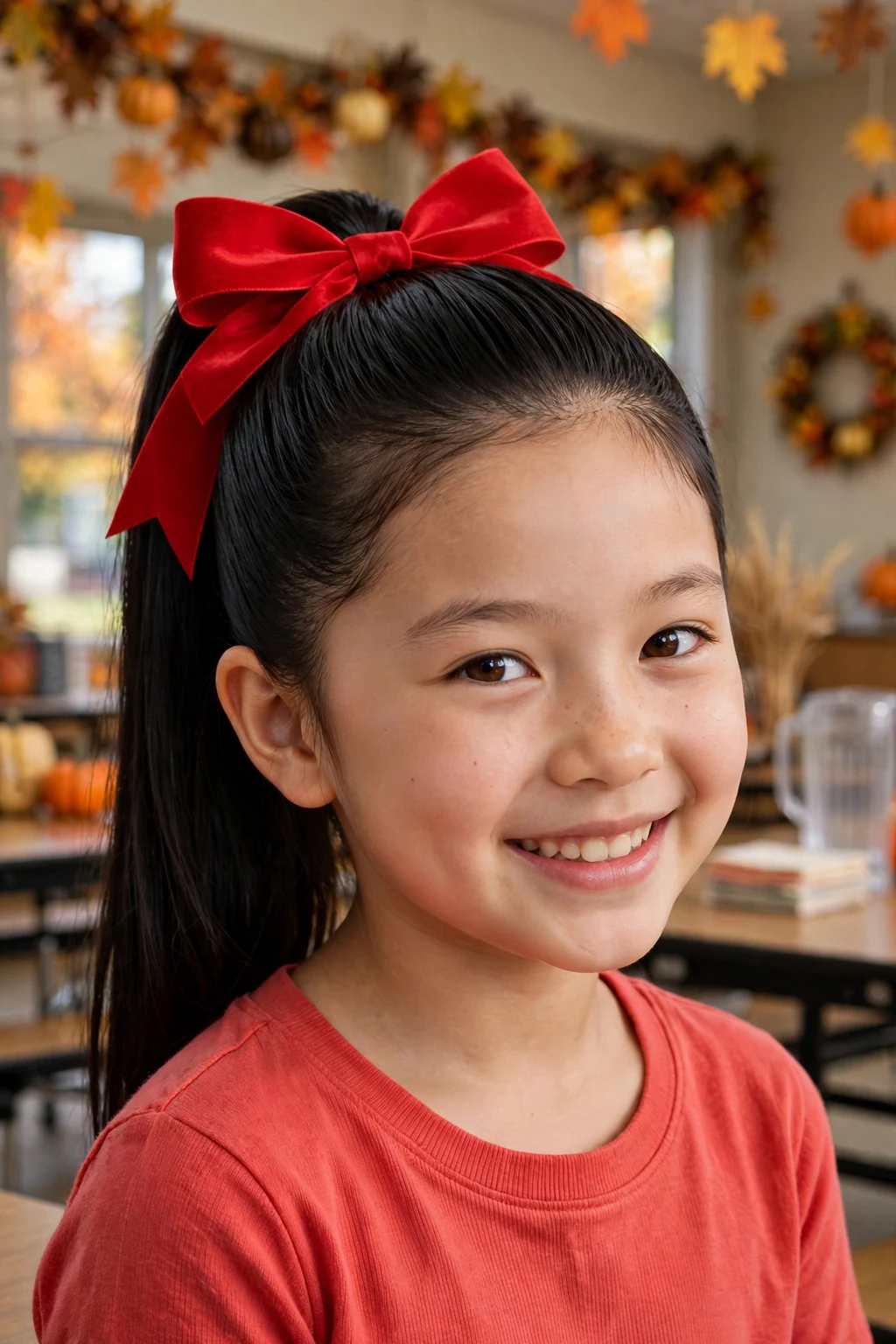 A girl with a sleek high ponytail with a red bow and shiny finish, in a school cafeteria with fall decorations.