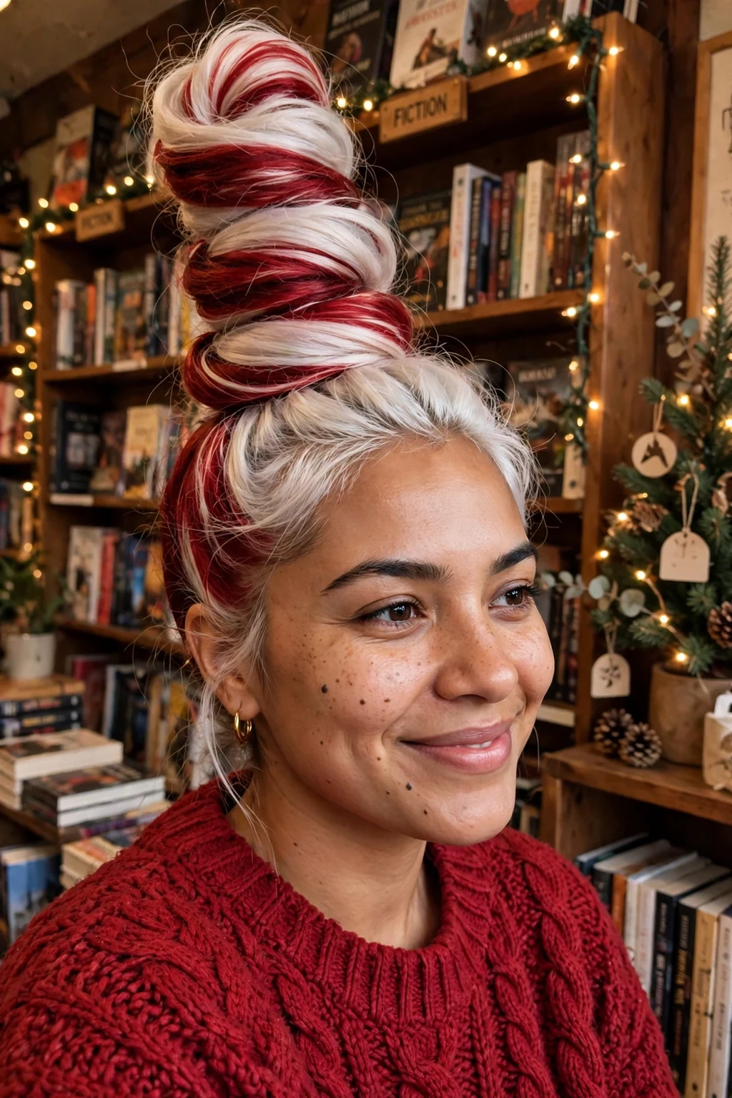 Young woman with a tall candy cane striped tree swirl updo in a cozy bookstore with Christmas lights.