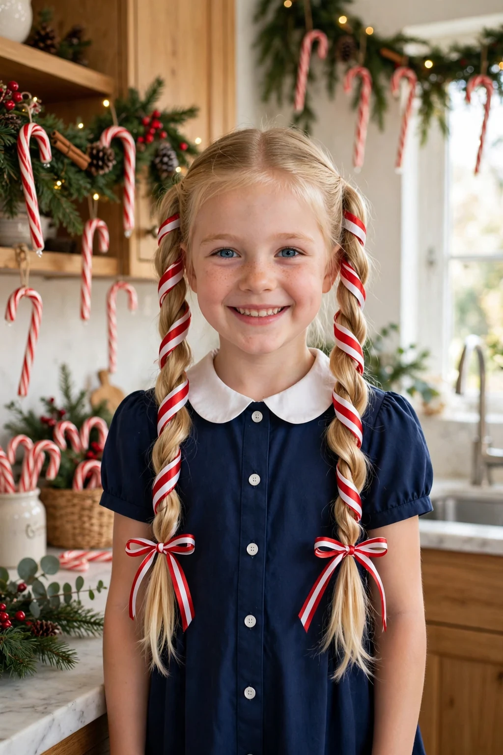 A young girl with candy cane twists in red and white wrapped sections on either side of her head.