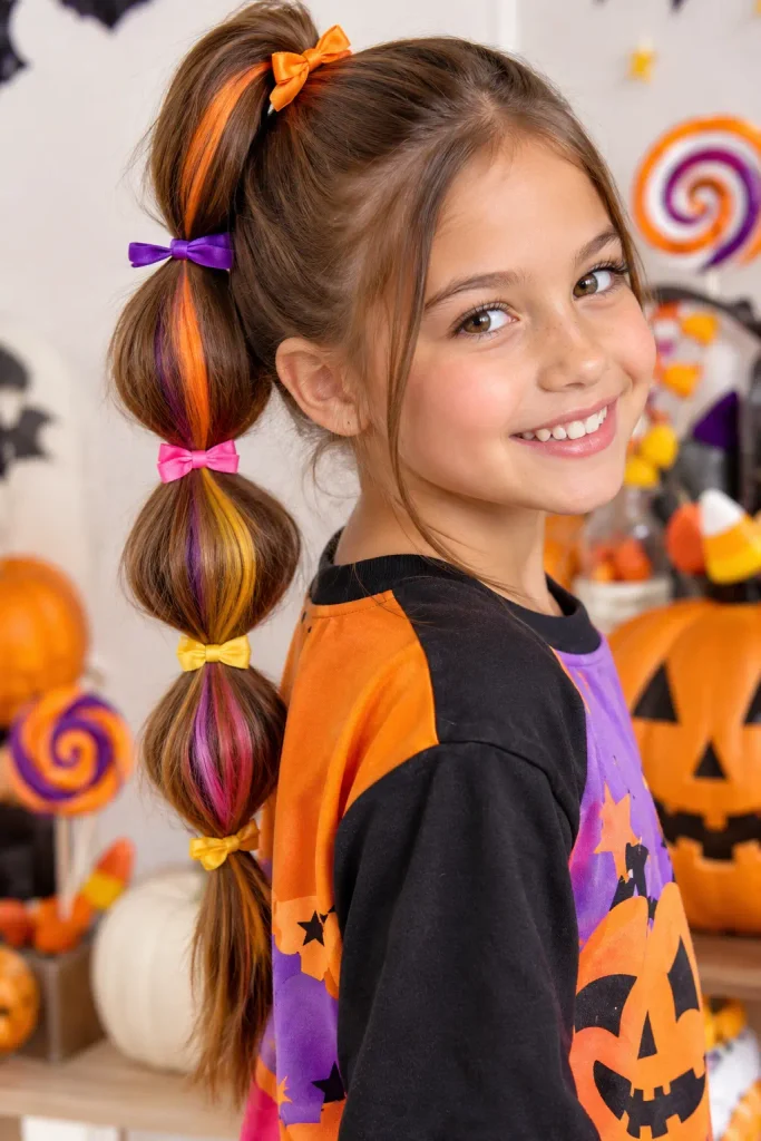  Colorful Halloween ponytail hairstyle for kids with candy-inspired sections