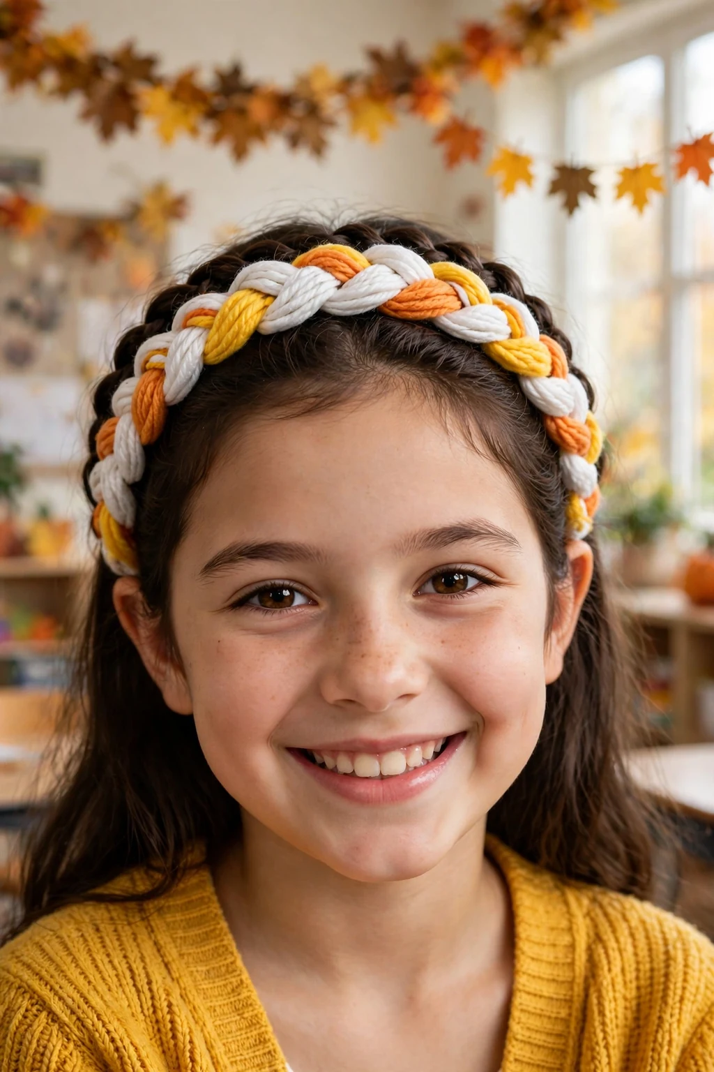 A young girl with a braided headband in white, yellow, and orange sections standing in a classroom with autumn decorations.