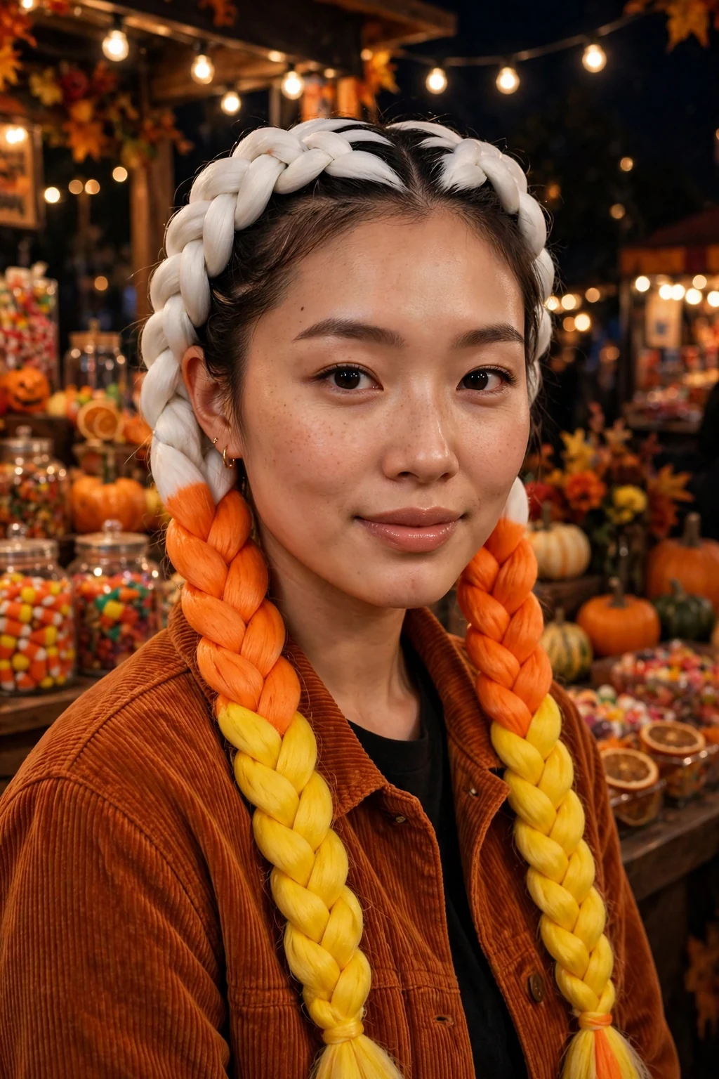 Young woman with candy corn braids in white, orange, and yellow sections.