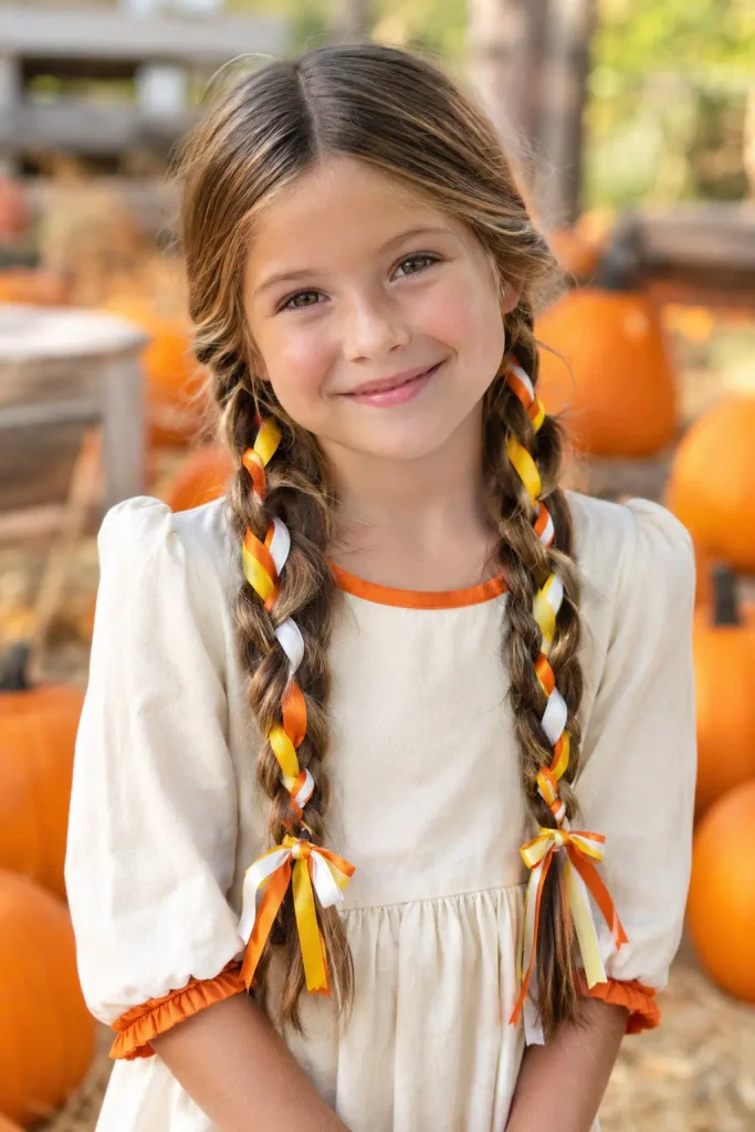Candy corn colorful braids Halloween hairstyle for kids