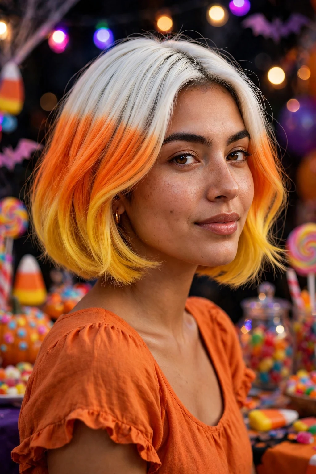 Young woman with a candy corn ombre bob in white, orange and yellow, wearing an orange dress at a candy-themed Halloween party.