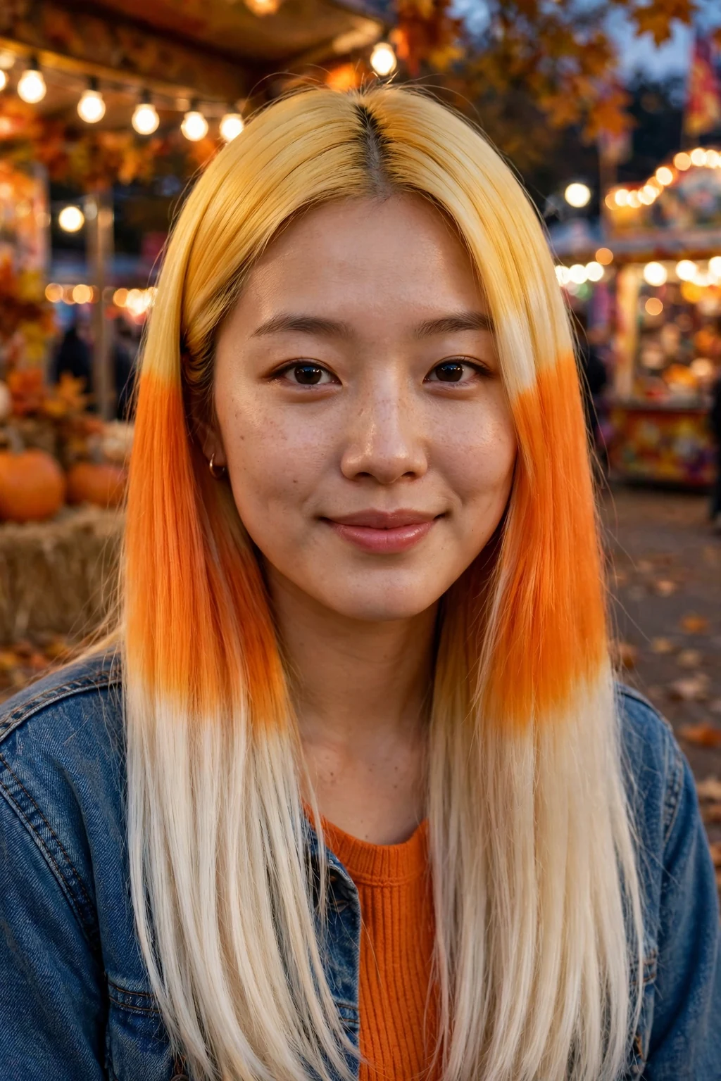 Young woman with candy corn ombre hair in yellow, orange and white tones and a denim jacket at a fall fair.