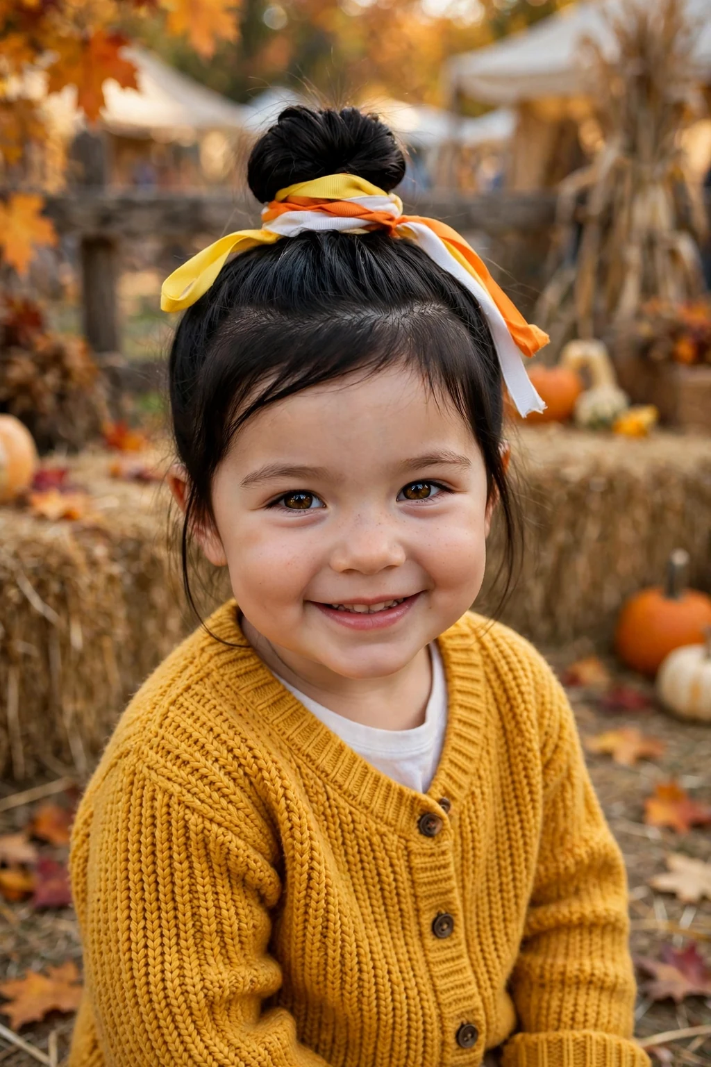 A toddler with a high candy corn topknot with yellow, orange and white ribbons at a fall festival.