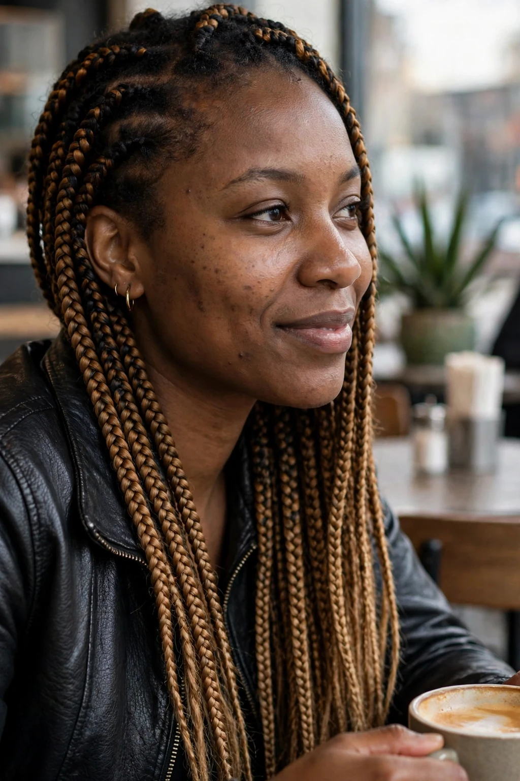 Young Black woman with caramel balayage knotless box braids, dark at the roots fading to caramel ends, photographed in a modern cafe wearing a black leather jacket.