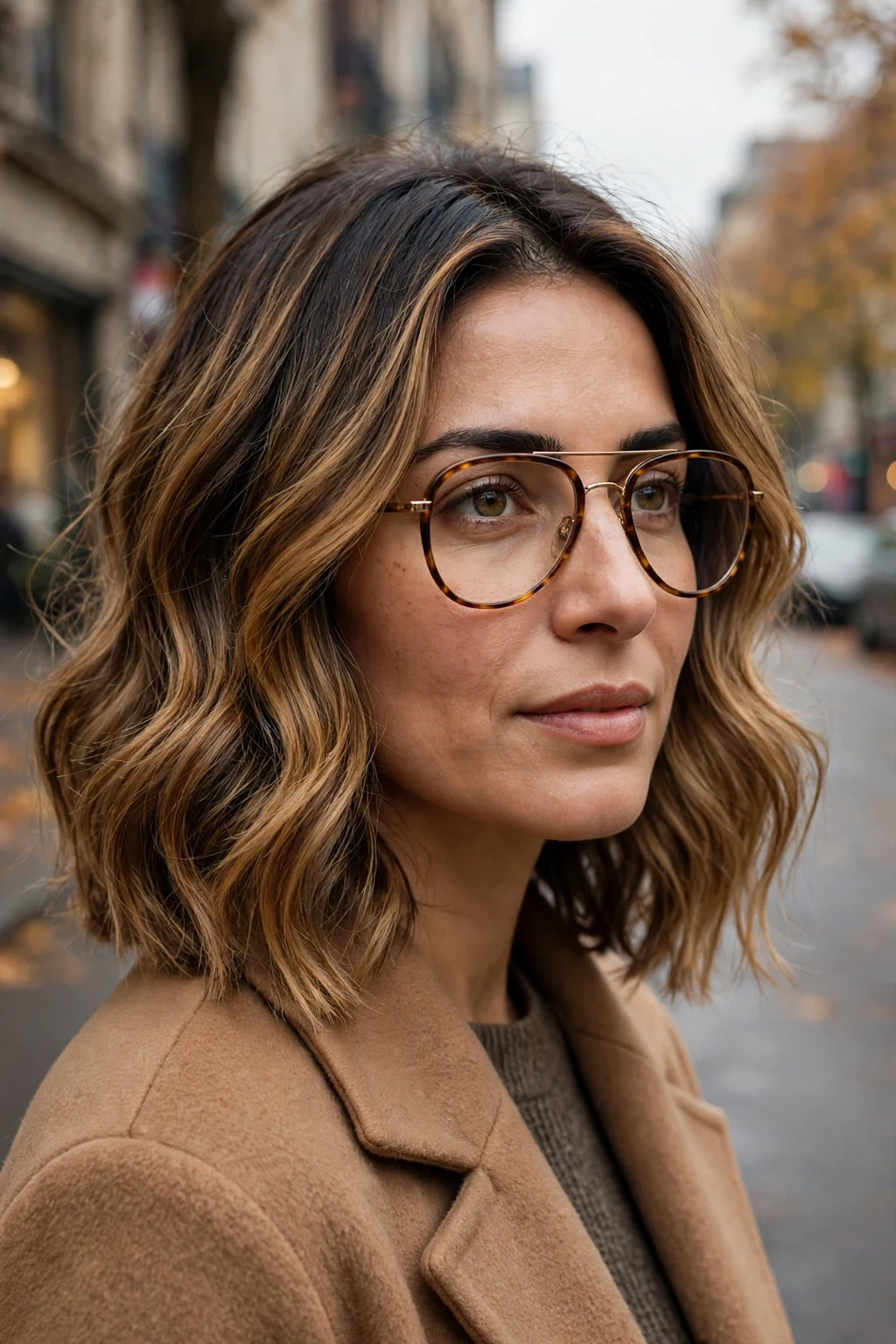 Young woman in her early 30s with a caramel balayage lob wearing tortoiseshell aviator glasses.