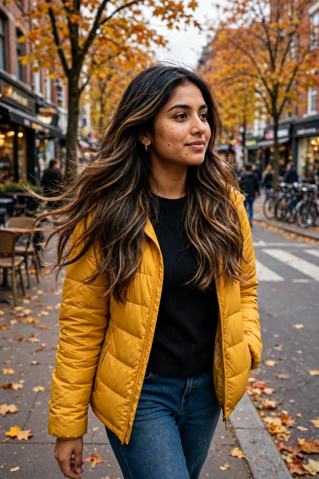 Young woman with caramel balayage long layers, walking on a city street wearing a mustard yellow jacket.