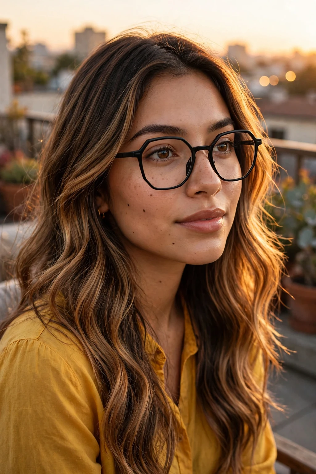 Young woman in her mid 20s with caramel balayage waves wearing hexagonal geometric glasses.
