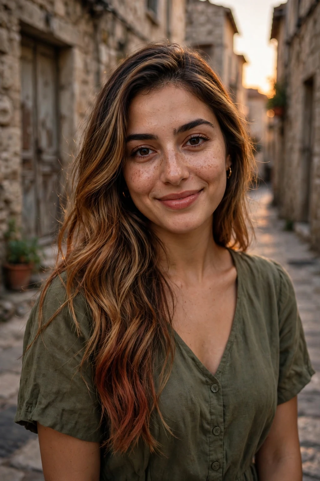 Young Middle Eastern woman in her late 20s with long caramel balayage hair and auburn whispers, wearing an olive-green dress in an old-town stone alley.