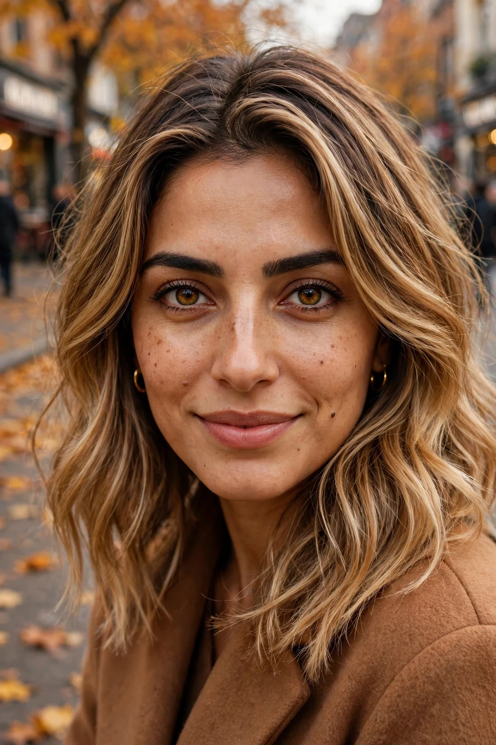Beautiful woman with caramel blonde balayage, warm caramel blonde, rich light.