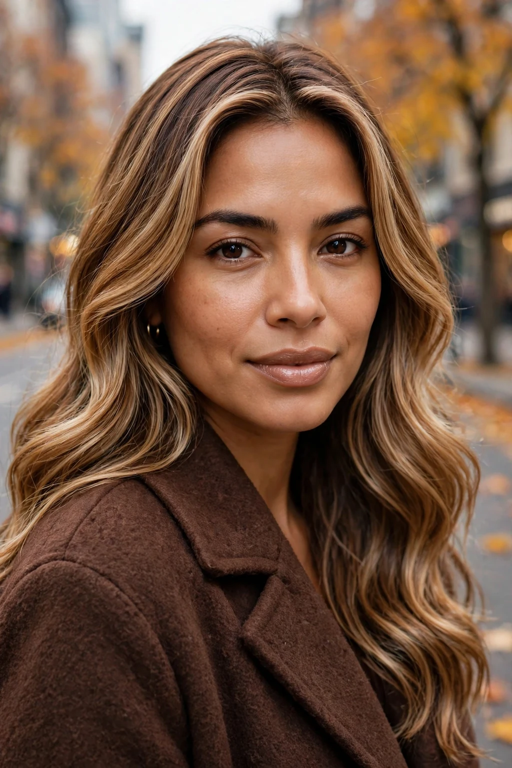 Young woman with caramel blonde melt hair, long glossy waves, wearing a chocolate brown coat on a city street.