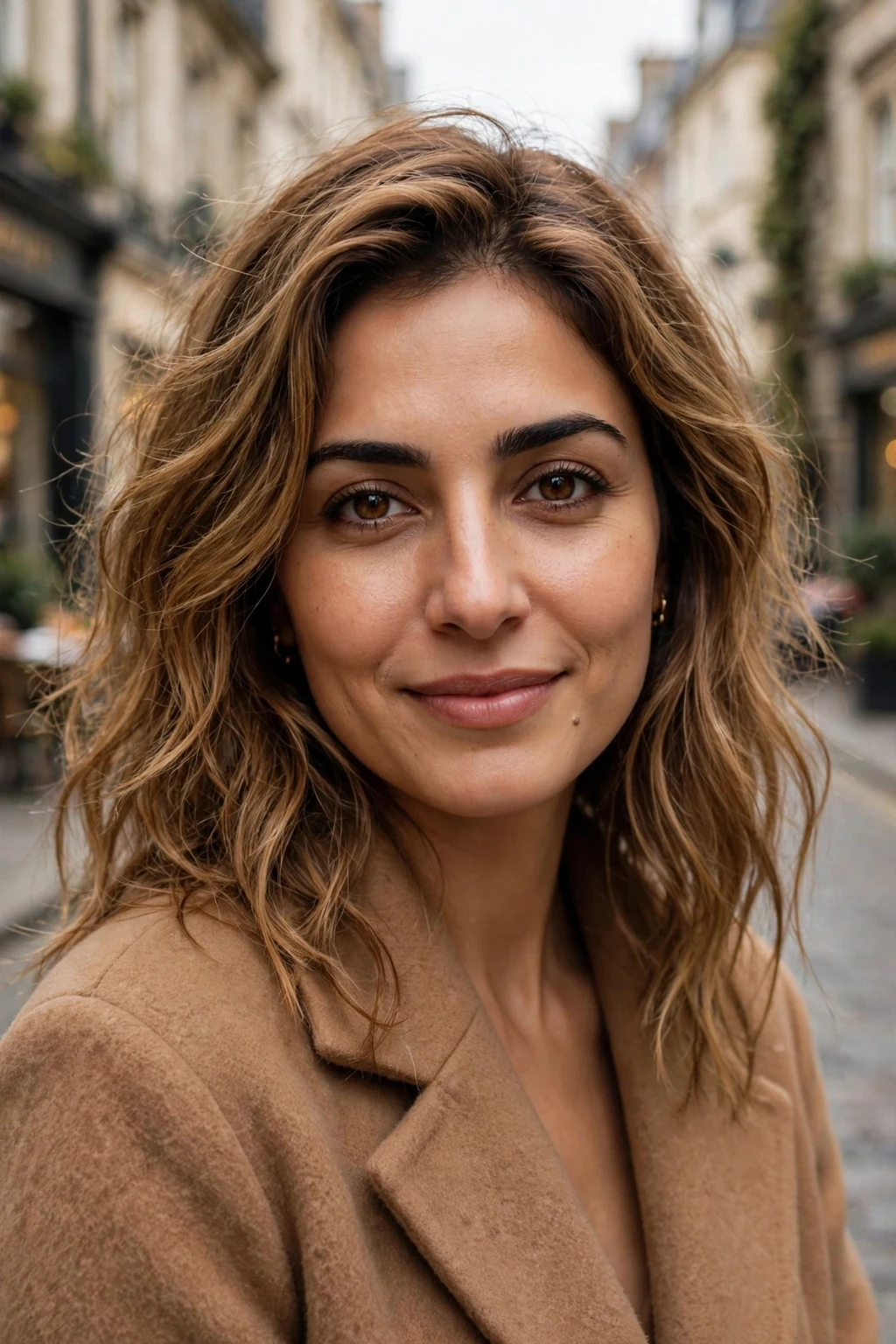Beautiful woman with caramel bronde, warm caramel blonde-brown, rich light.