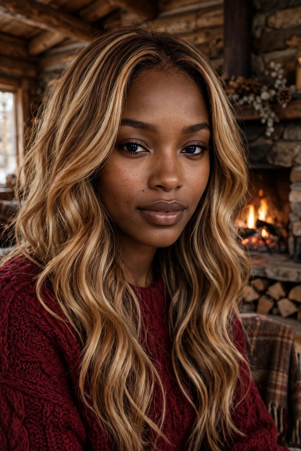 Young woman with caramel ribbon blonde hair in long waves, wearing a wine-colored sweater in a cabin.