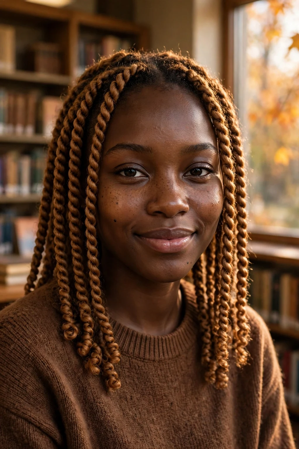 Young Black woman with caramel two-strand twists, long twists over her shoulders, wearing a brown sweater, in a library in fall.