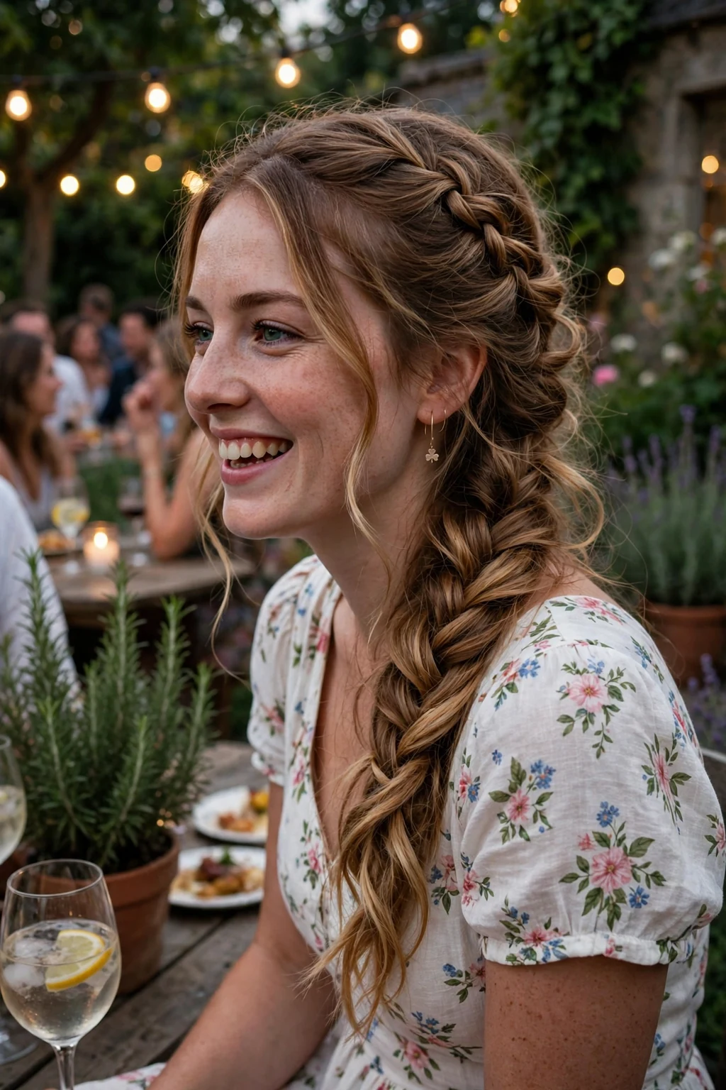 Young woman with a cascading waterfall braid at a summer evening party, wearing a white floral dress.