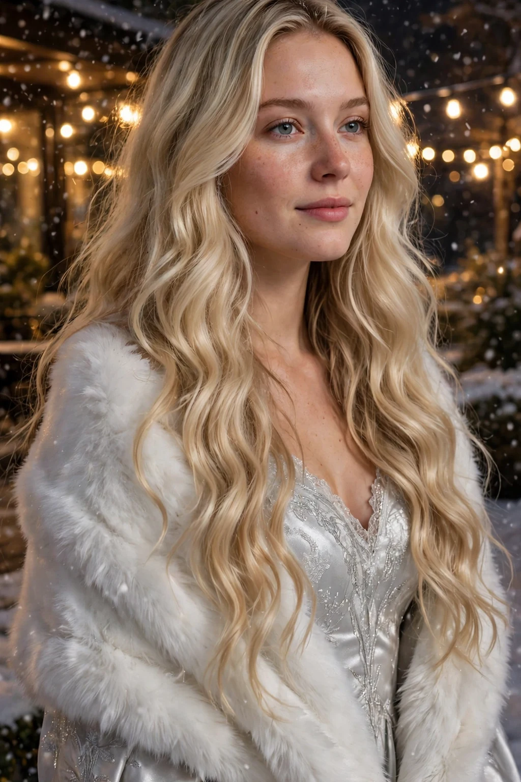 Young woman with cascading winter waves at a holiday formal event.