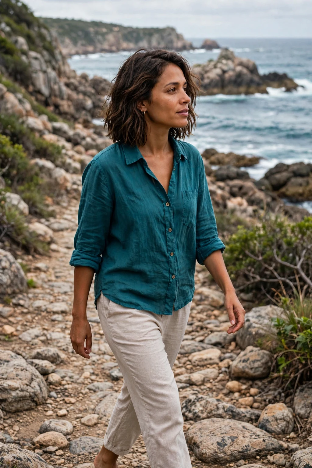 Young woman with a textured shoulder-length lob wearing a teal linen shirt on a rocky coastline path.