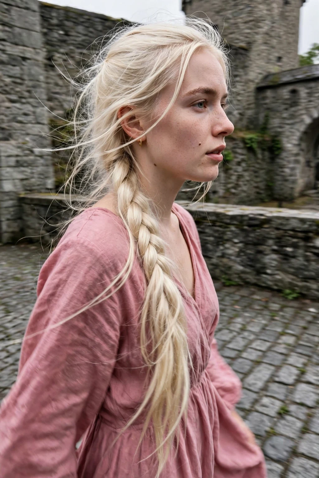 Young Scandinavian woman with a very long castle tower fishtail braid over one shoulder, wearing a dusty rose pink gown in a castle courtyard.