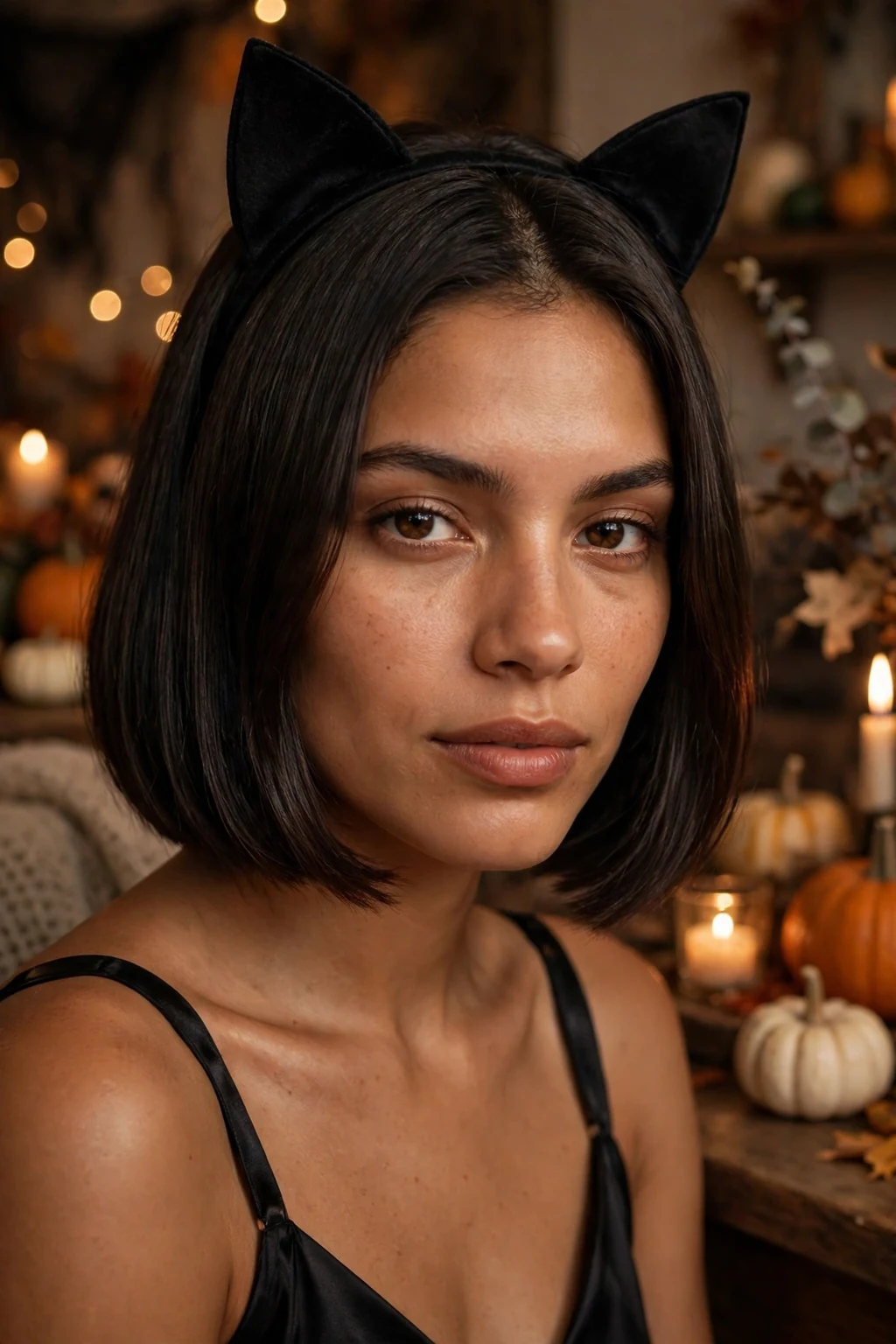 Young woman with a sleek chin-length bob worn with black cat ears, wearing a black satin top at a Halloween house party.