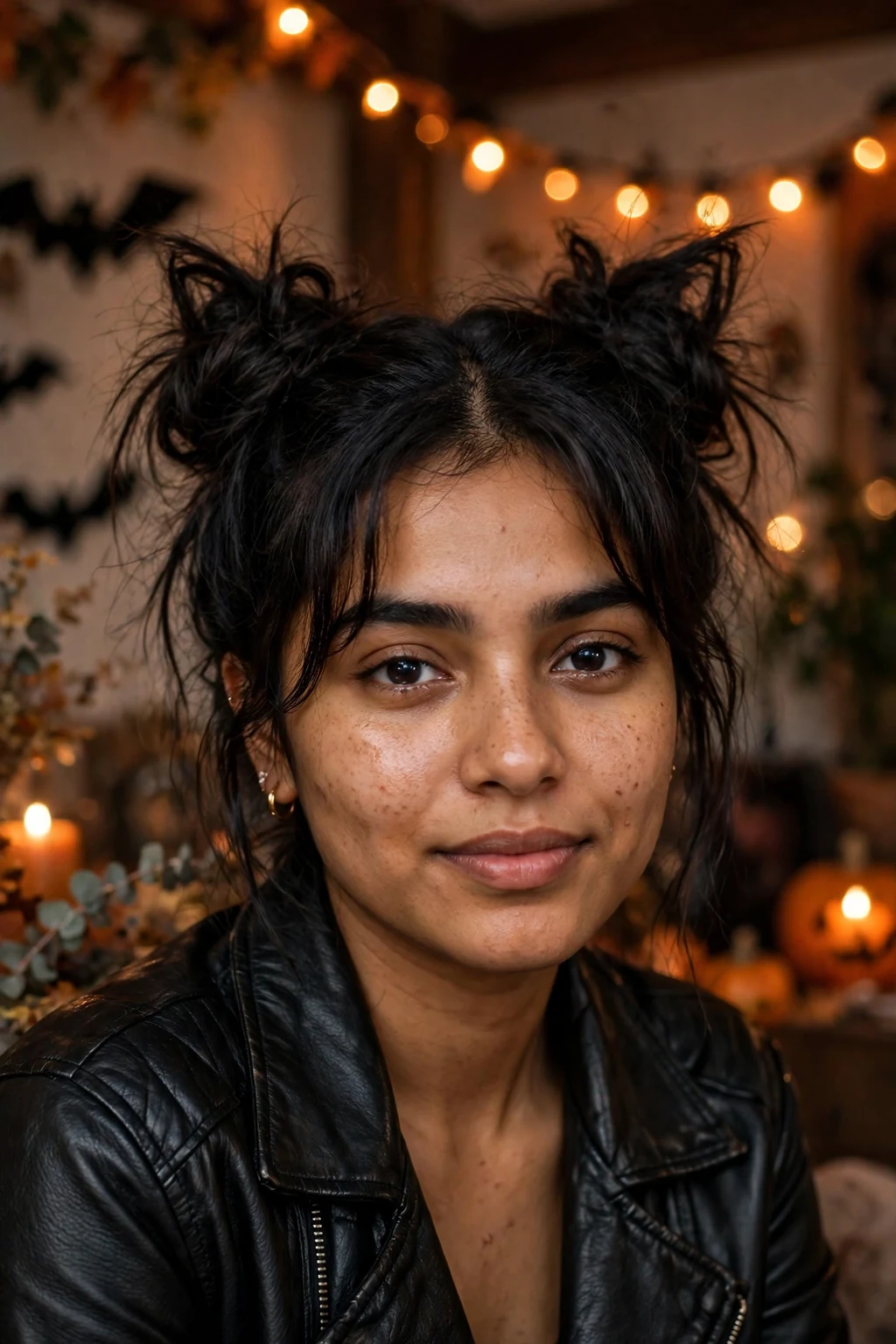 Young woman with playful cat-ear space buns and a black leather jacket at a Halloween house party.