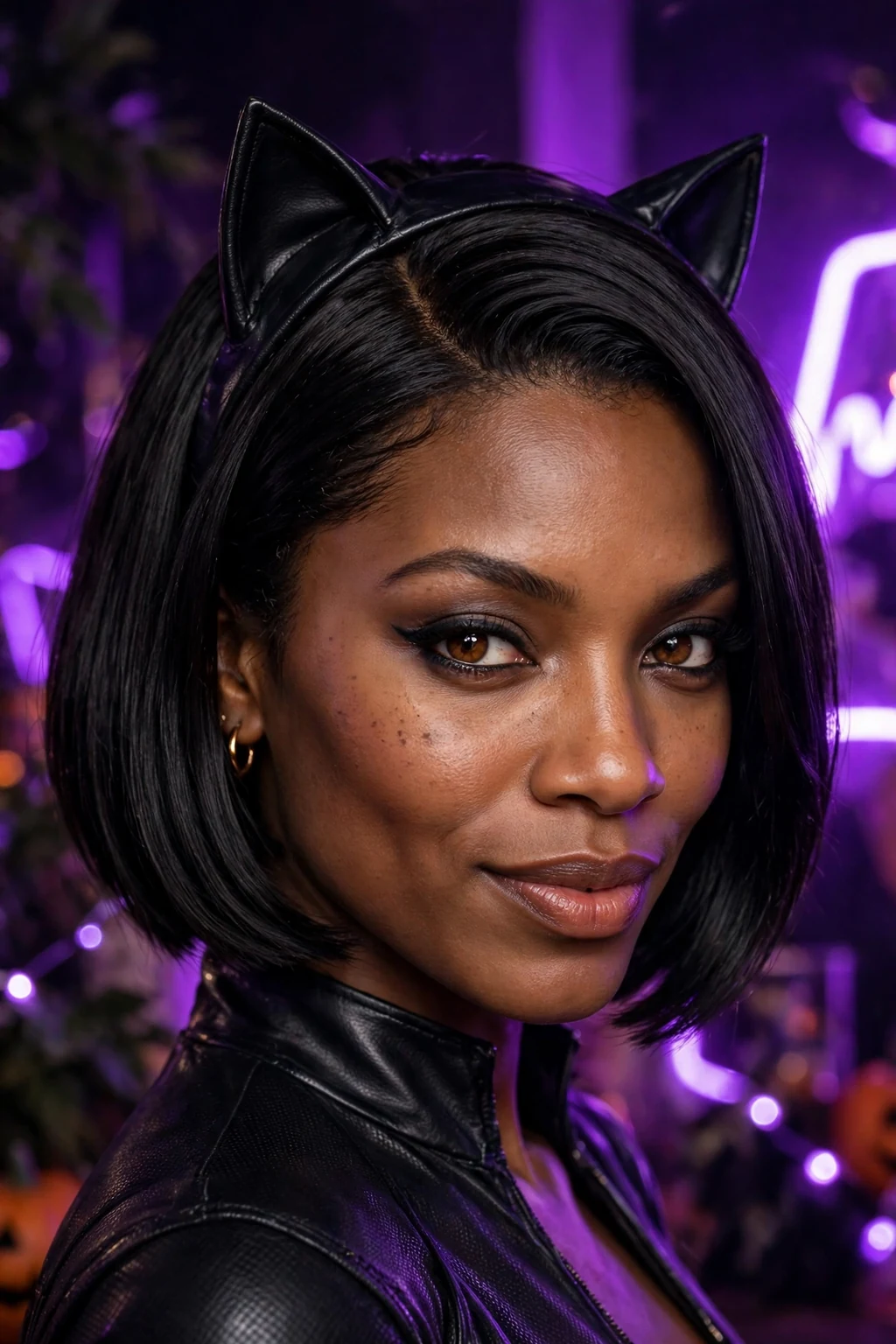 Young Black woman with a sleek black bob dressed as Catwoman at a Halloween party.