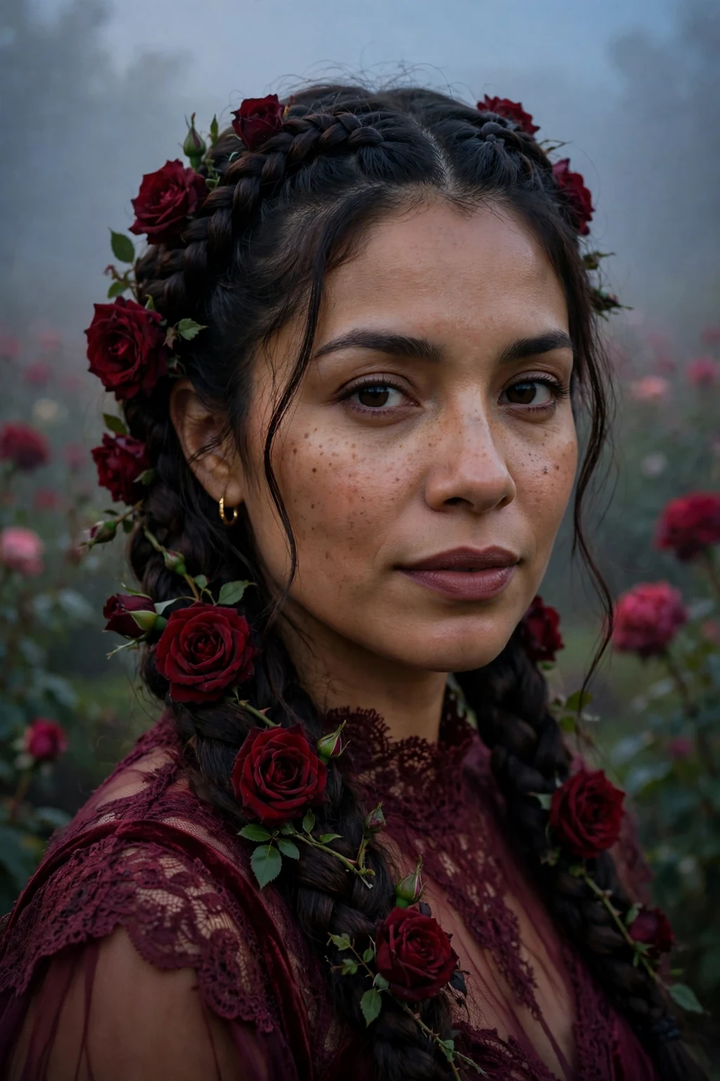 Young woman with cemetery rose braids woven with dark red roses.