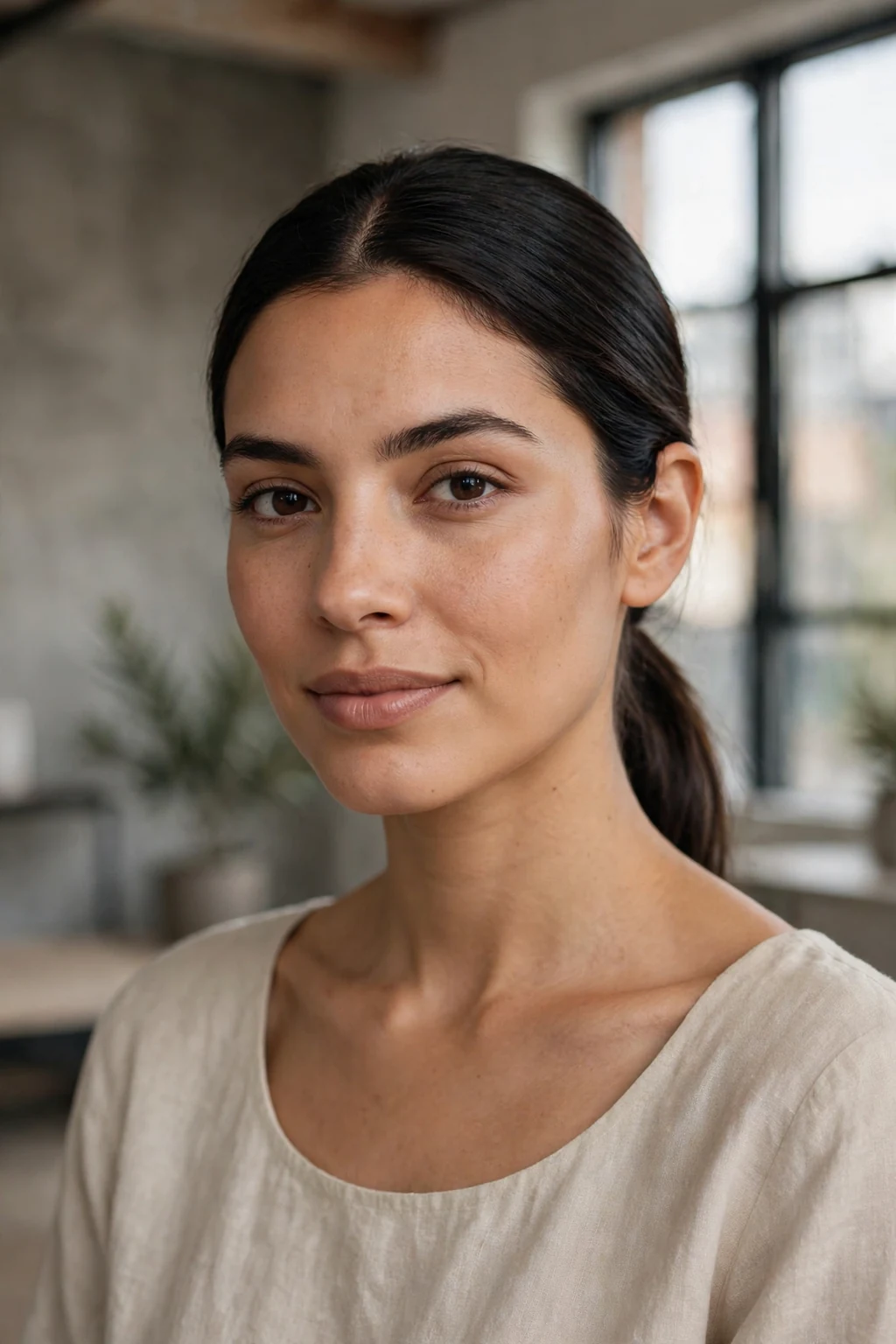 Beautiful woman with low pony with center part, minimalist center-part low pony, modern light.
