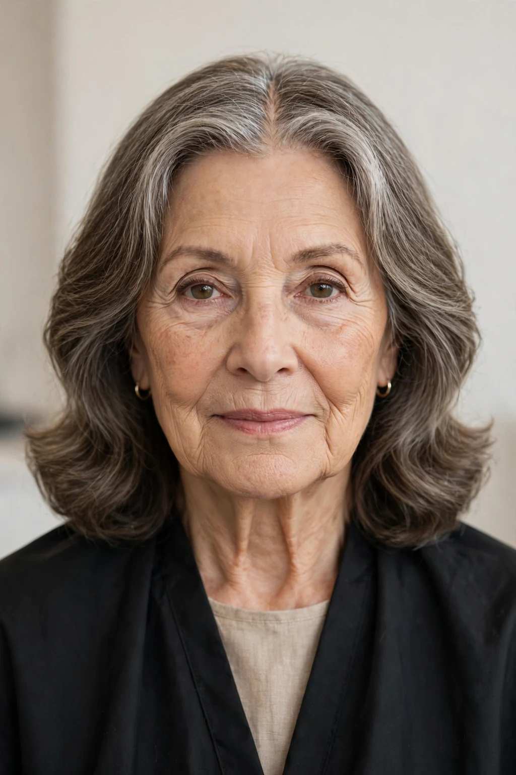 Elegant woman over 70 with center-part soft waves, balanced serene style, calm light.
