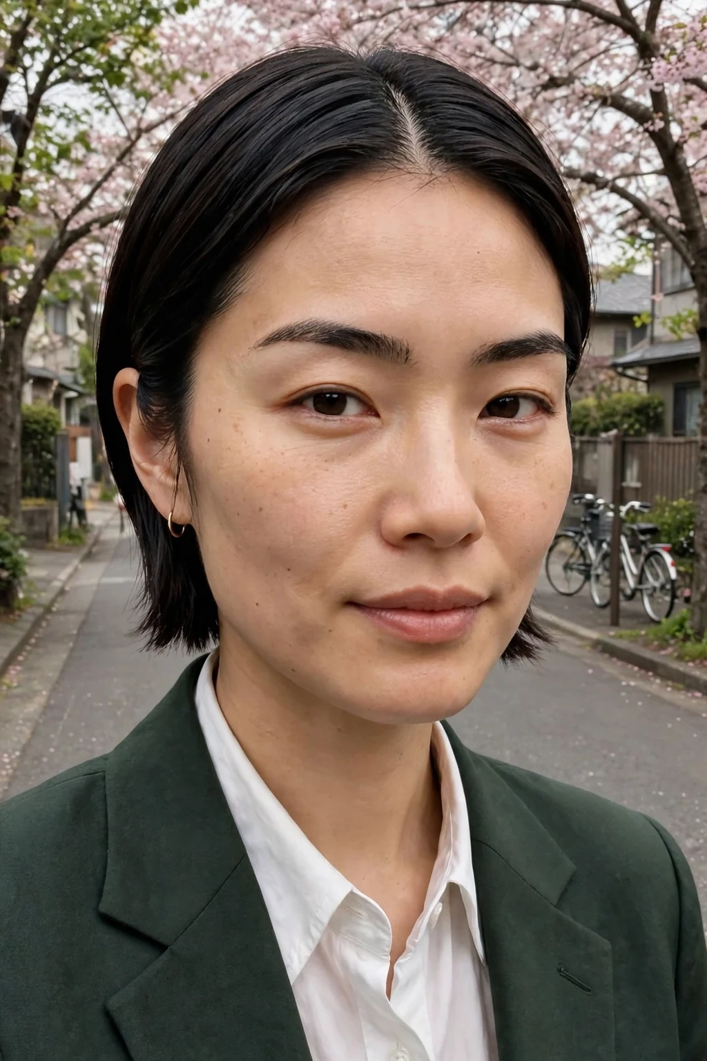 A young woman with a centre-parted sleek pixie haircut, pin-straight glossy hair parted in the middle.